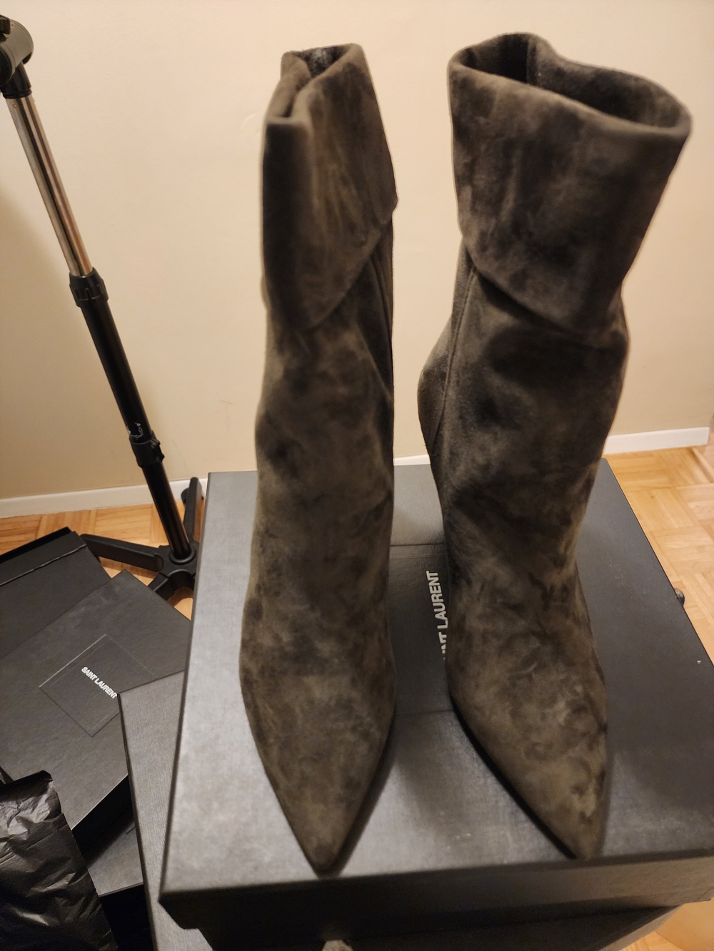 Saint Laurent Women’s Suede Pointed-Toe Ankle Boots — Dark Olive